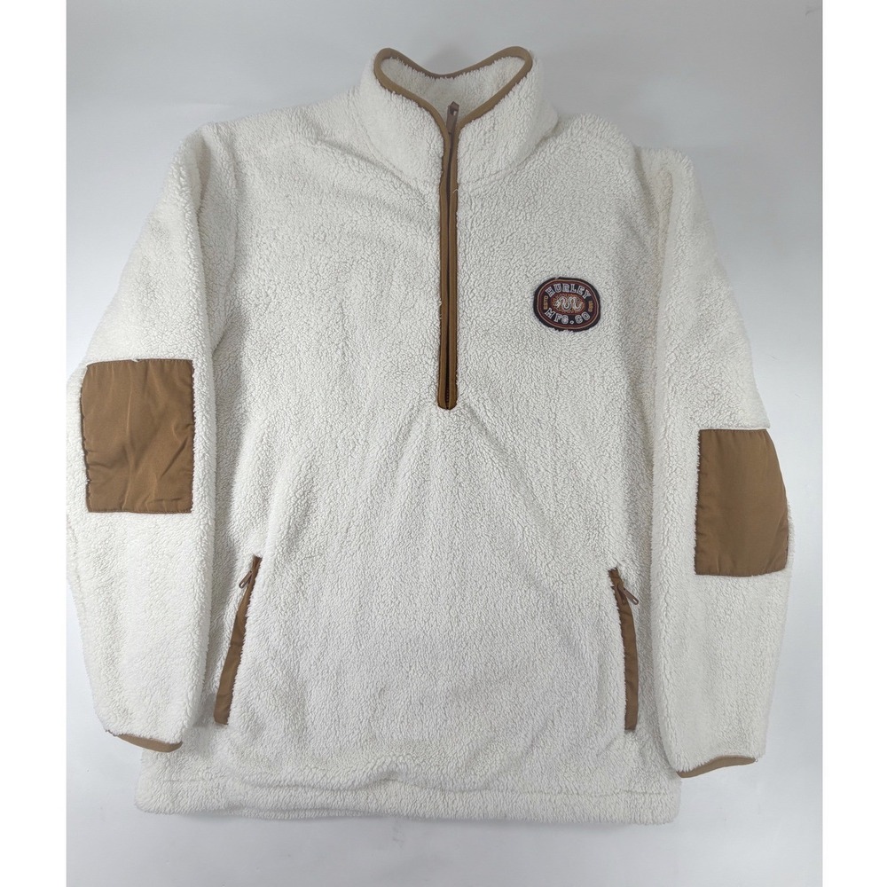 Hurley Womens Sherpa Fleece Quarter Zip Pullover Cream Brown Elbow Patch Medium